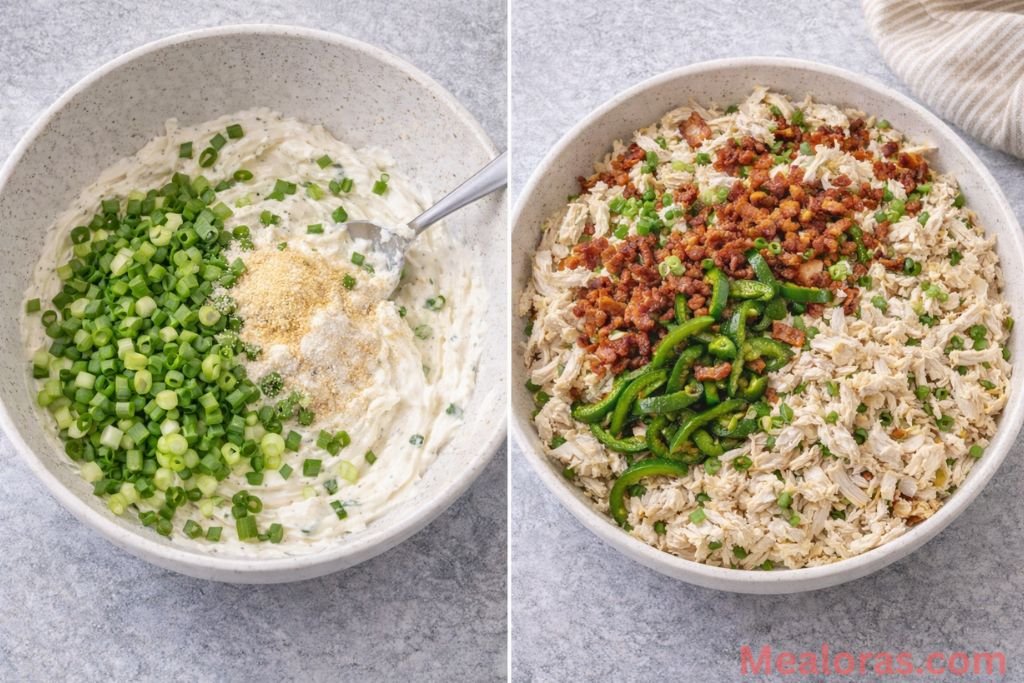 A large bowl showing the chicken and bacon being folded into creamy dressing