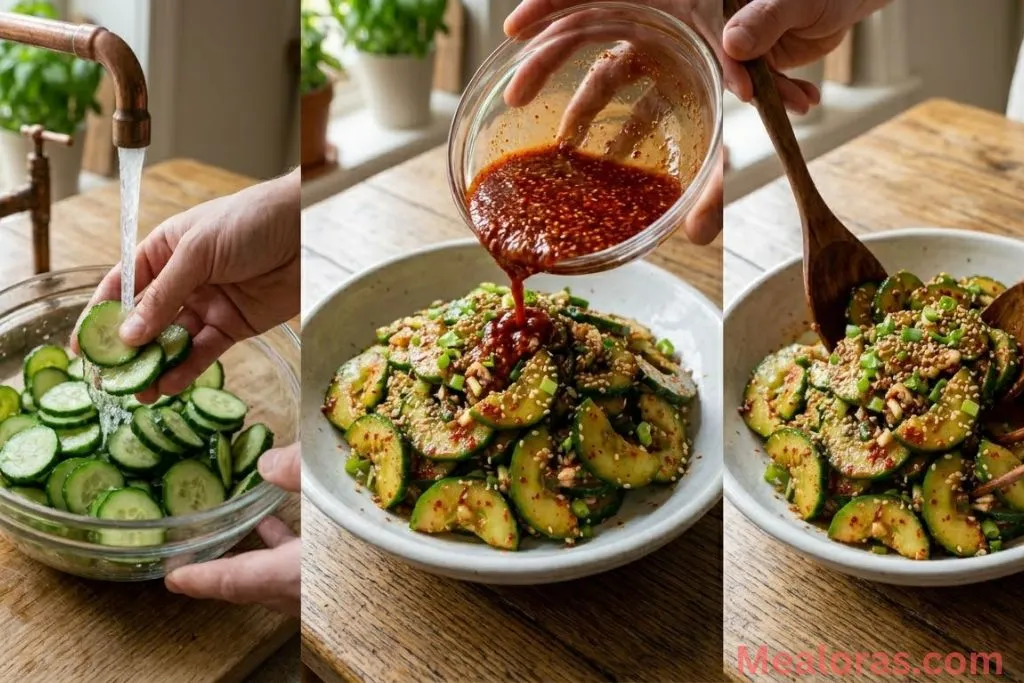 Tossing cucumber slices in a spicy red chili and sesame dressing