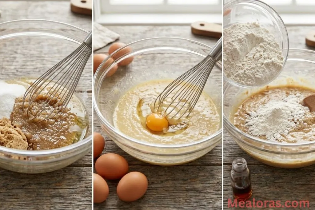 showing mixing sugars and oil, adding eggs, and stirring in dry ingredients