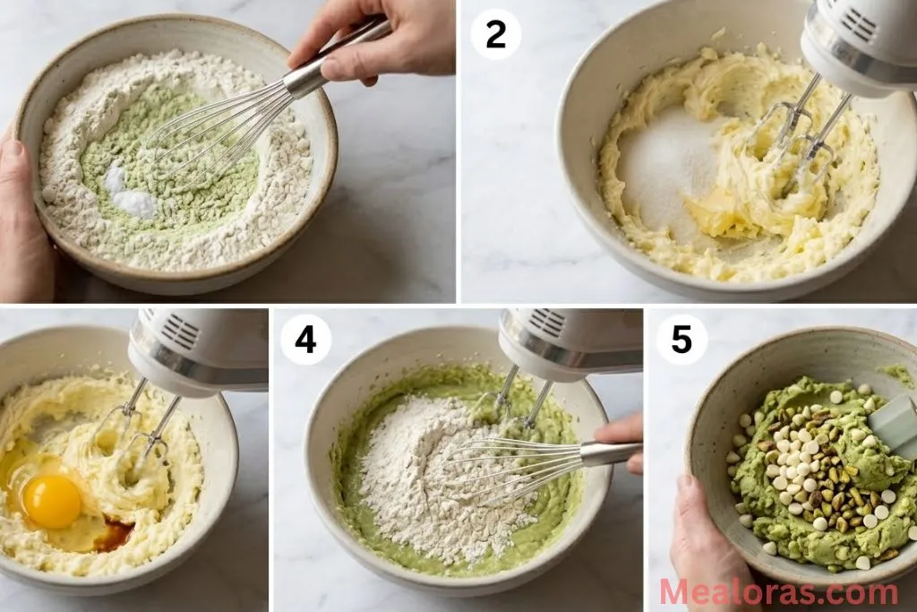 showing the creaming of butter and sugar followed by adding the dry pudding mixture