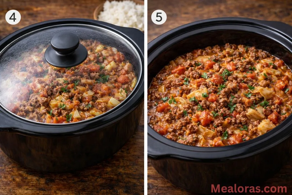 A hand stirring tomato sauce and herbs into the slow cooker pot