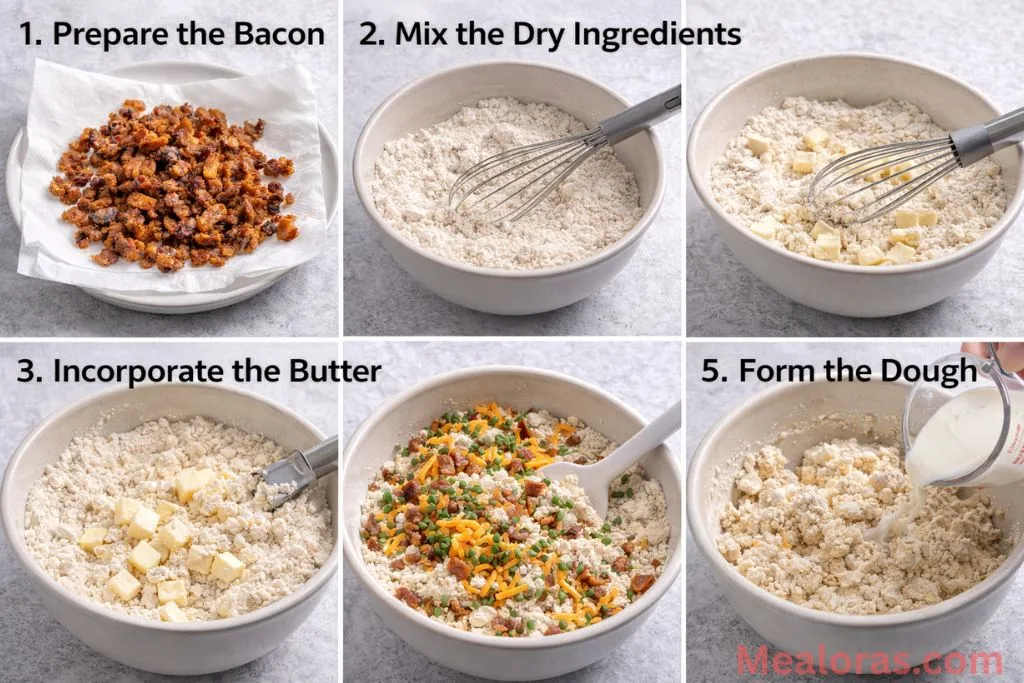 Step by step photos of mixing scone dough and adding bacon