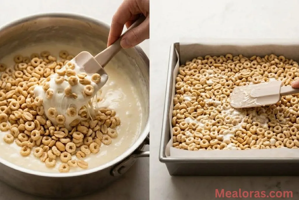 cereal being folded into the mixture and pressed into a square pan
