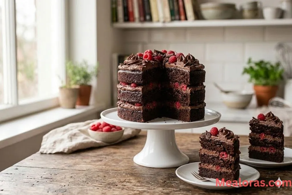 Layered chocolate cake with raspberries
