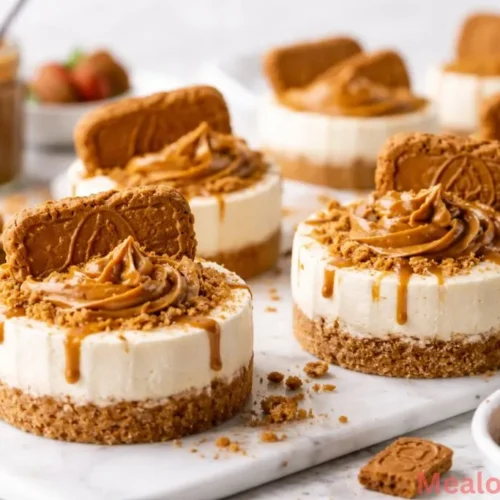 Overhead shot of several mini Biscoff cheesecakes with cookie butter drizzle.