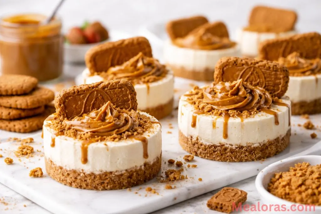 Overhead shot of several mini Biscoff cheesecakes with cookie butter drizzle.
