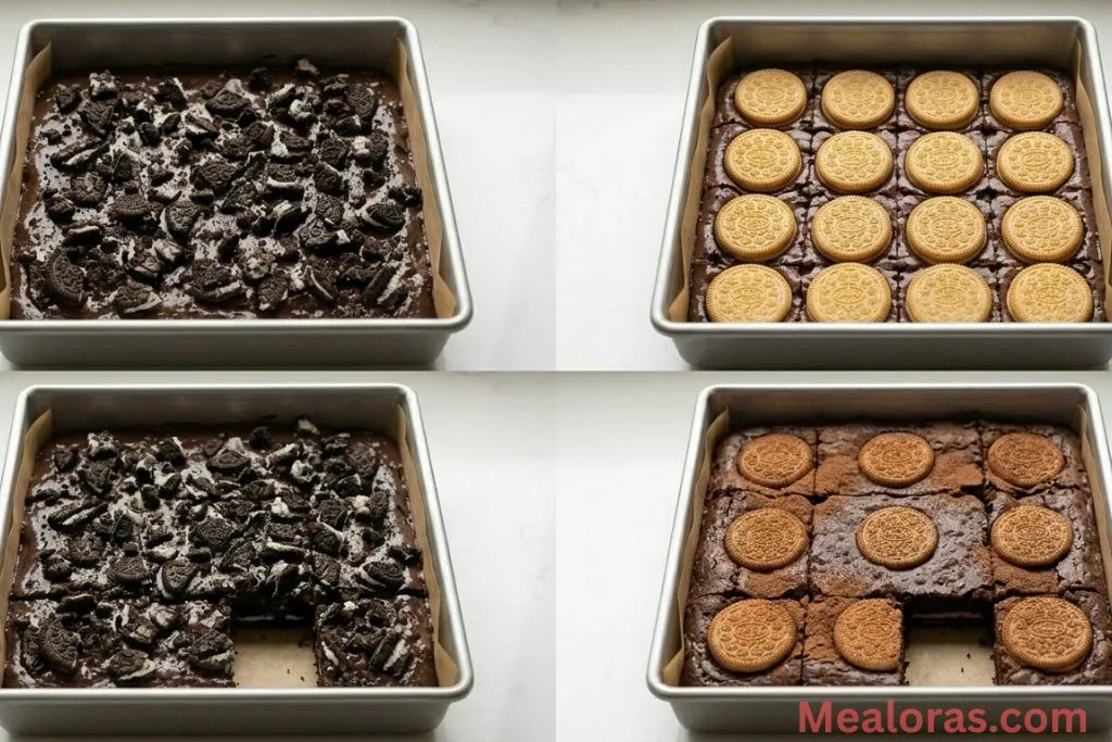 A spread of brownies made with different flavored cream-filled cookies