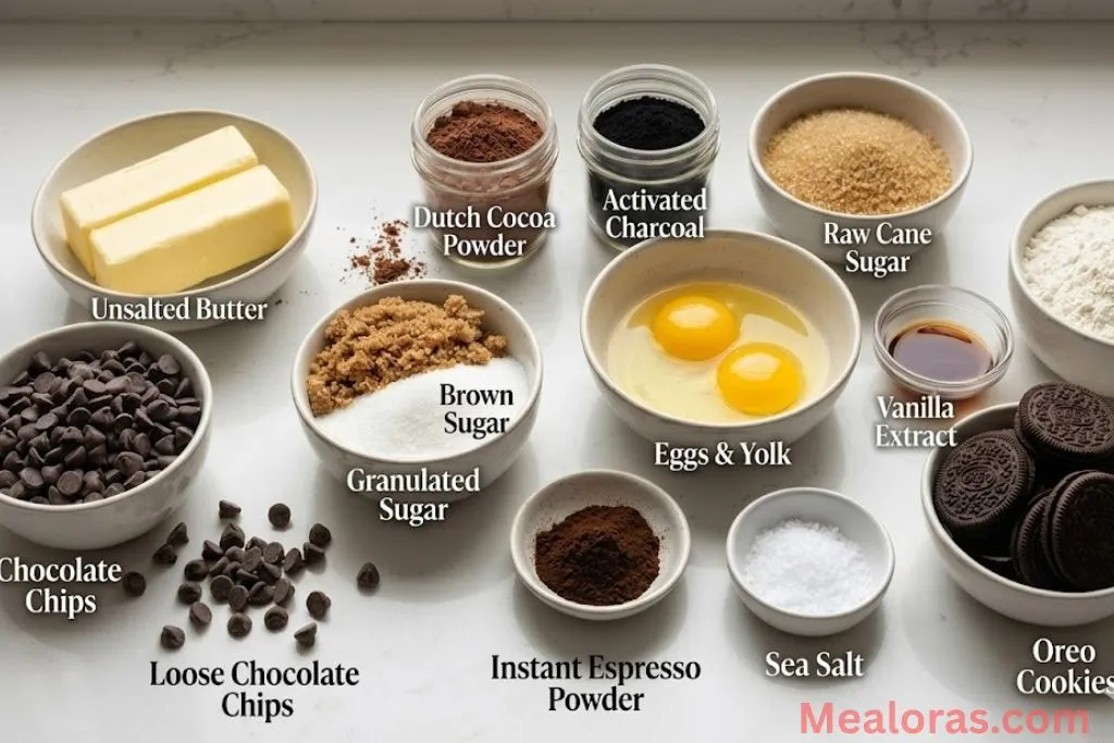 baking ingredients including cocoa powder, chocolate chips, and Oreo cookies