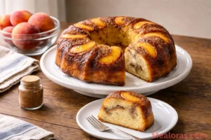 Whole Peach Cobbler Pound Cake on a white platter with golden brown glaze