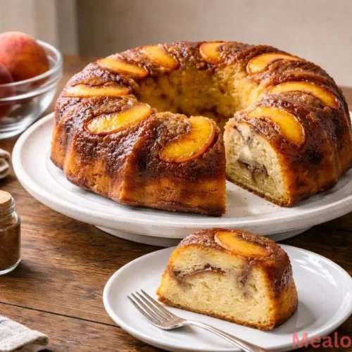 Whole Peach Cobbler Pound Cake on a white platter with golden brown glaze