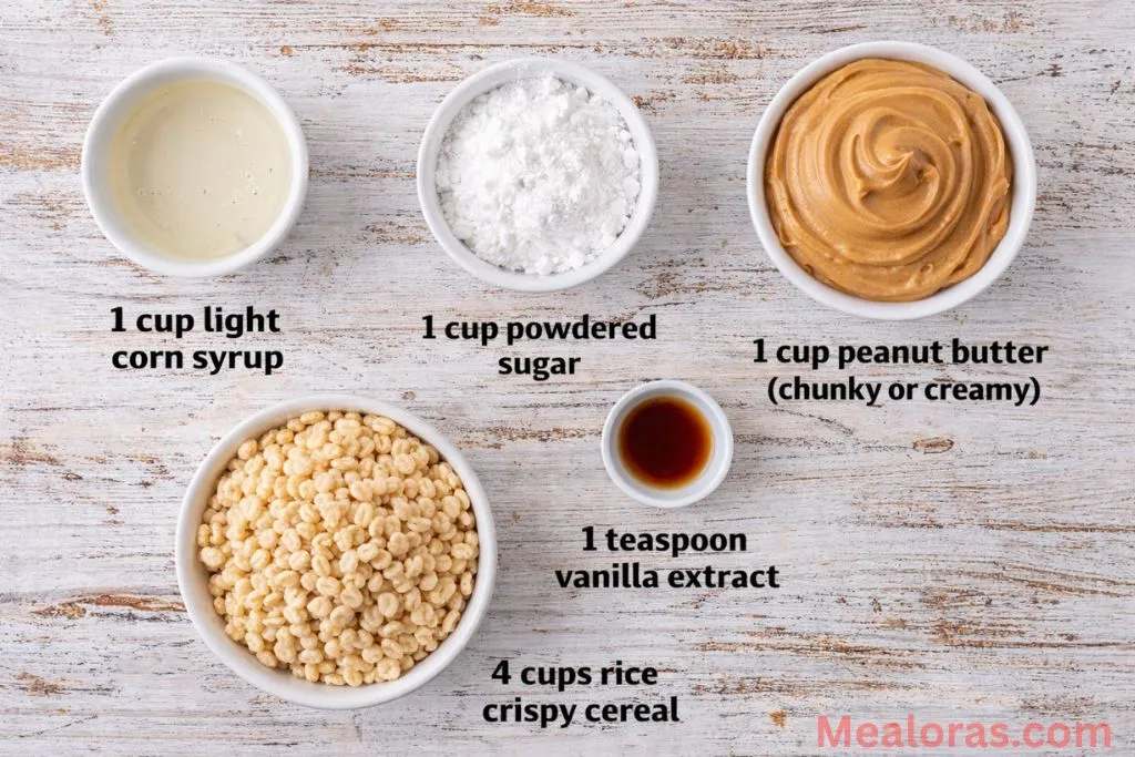 Ingredients for peanut butter balls including cereal, syrup, and sugar