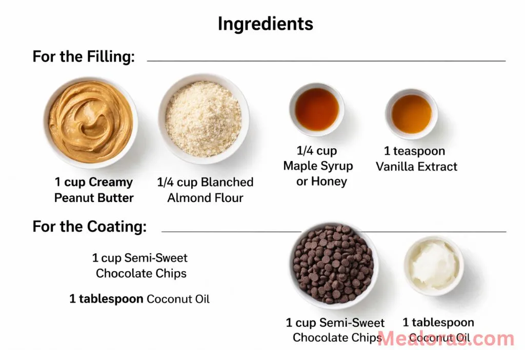 Creamy peanut butter, almond flour, maple syrup, and chocolate chips arranged on a kitchen counter