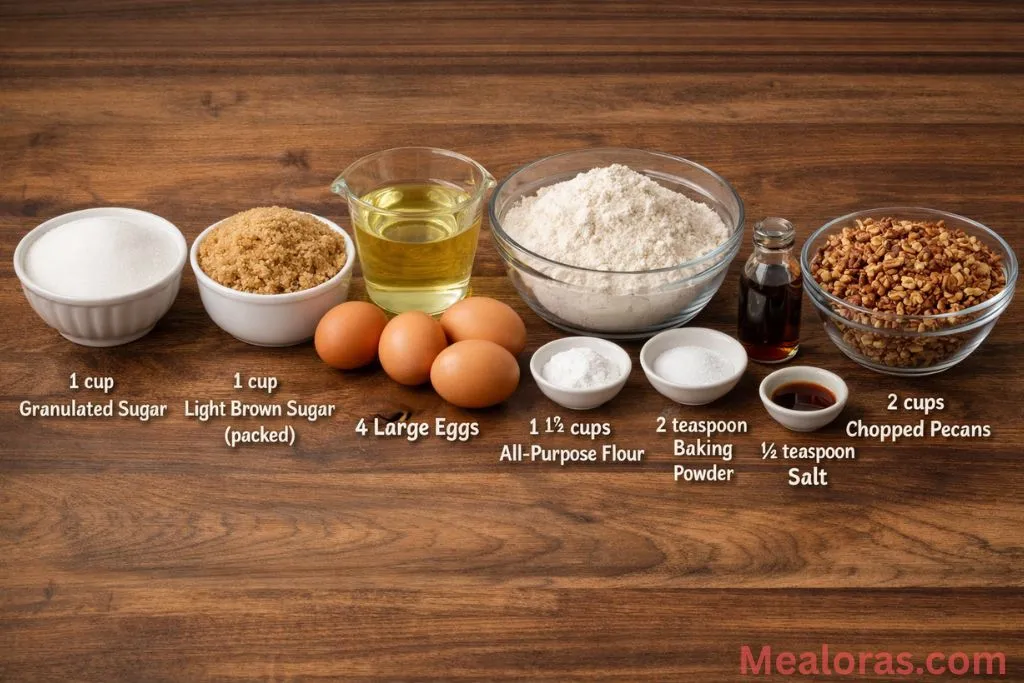Bowls of brown sugar, pecans, eggs, flour, and oil on a kitchen counter.