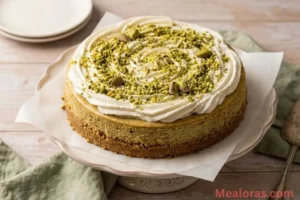 a whole No Bake Pistachio Cheesecake topped with whipped cream and chopped nuts