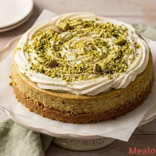 a whole No Bake Pistachio Cheesecake topped with whipped cream and chopped nuts