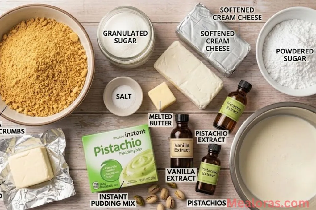 All ingredients for pistachio cheesecake including cream cheese, pudding mix, and vanilla wafers.