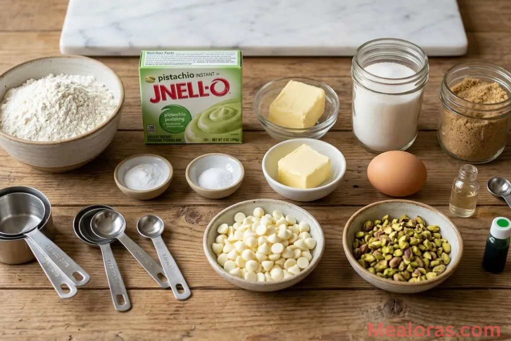 Flour, pistachio pudding mix, white chocolate chips, butter, and chopped pistachios arranged on a counter