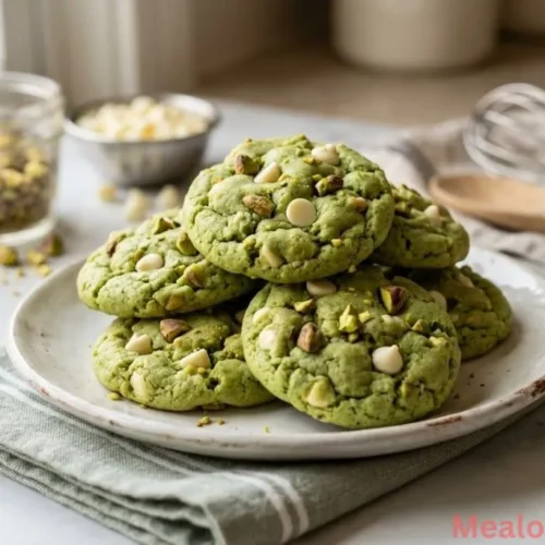 soft green pistachio pudding cookies with white chocolate chips on a marble surface