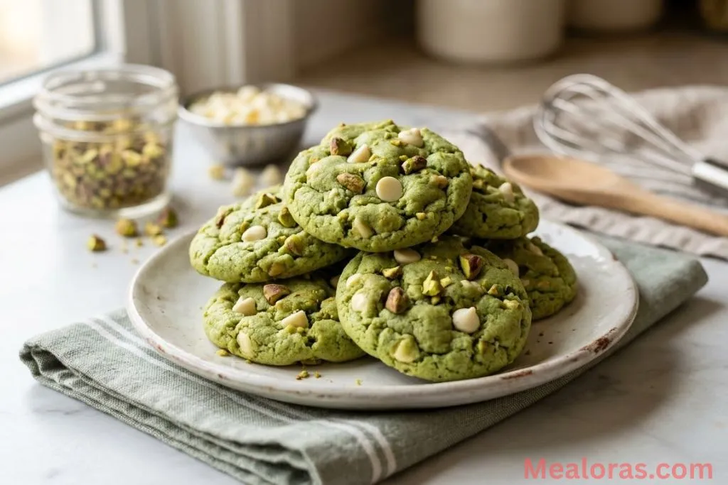 soft green pistachio pudding cookies with white chocolate chips on a marble surface