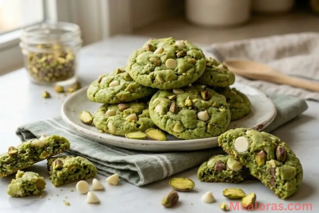 A plate of pistachio pudding cookies served with a cold glass of milk