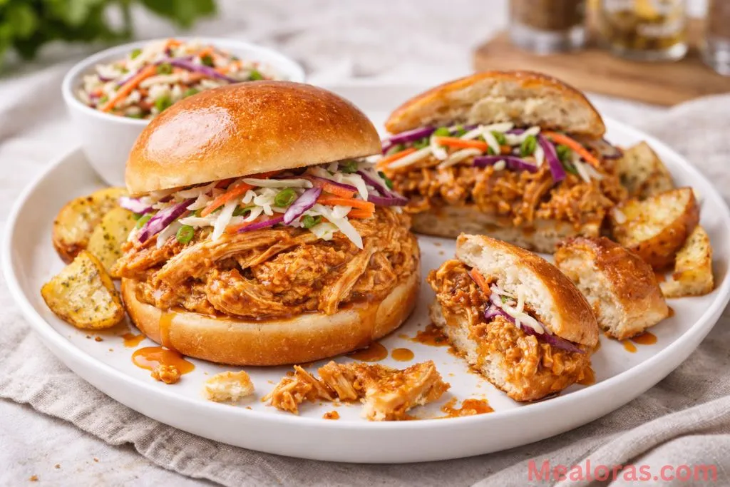 Two honey mustard chicken sandwiches served on a plate with a side of slaw