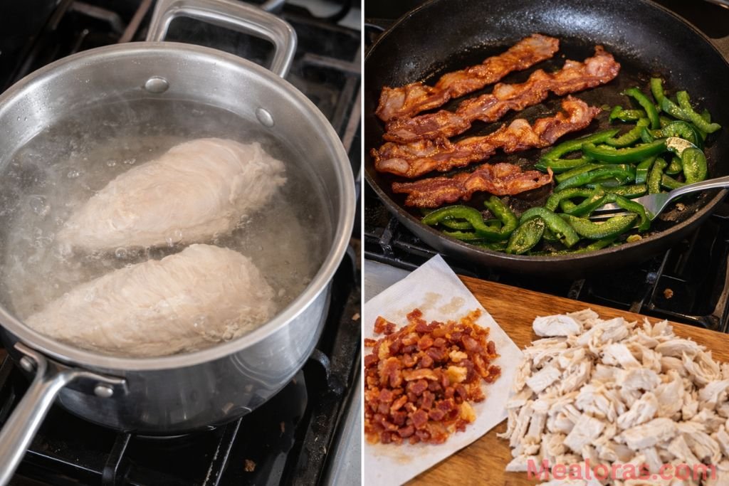 Shredded poached chicken next to a pan of sautéed jalapeño strips
