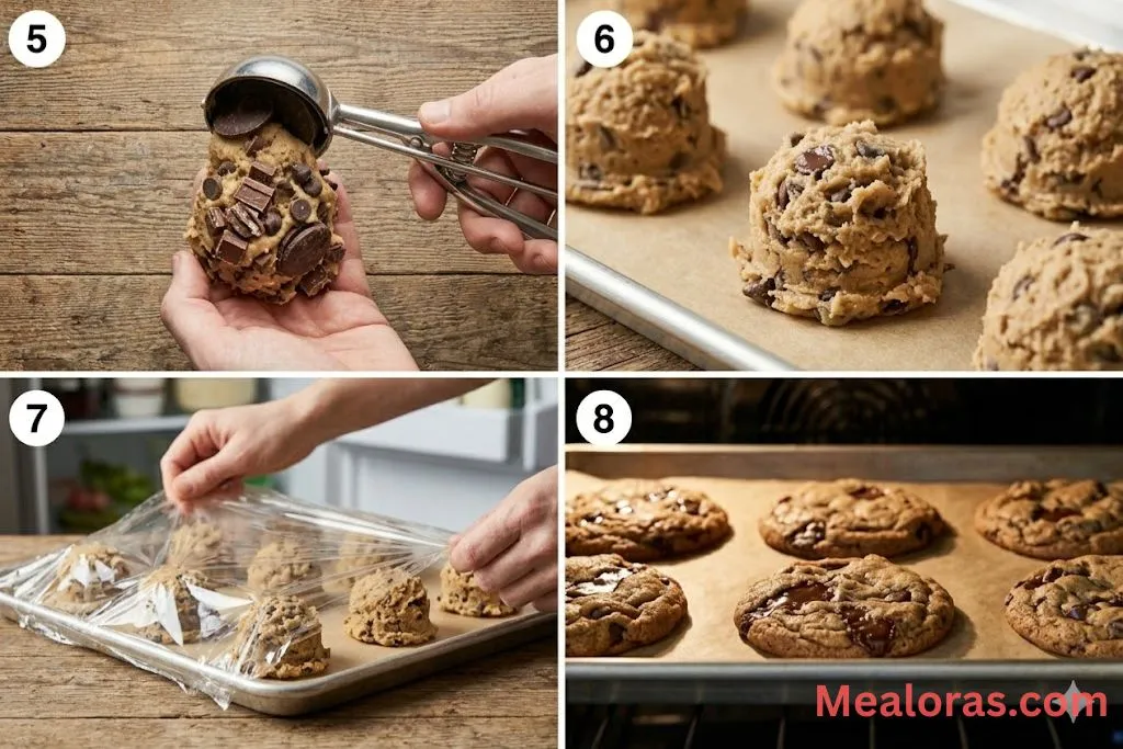 Steps showing scooping large dough balls, chilling, and baking until golden