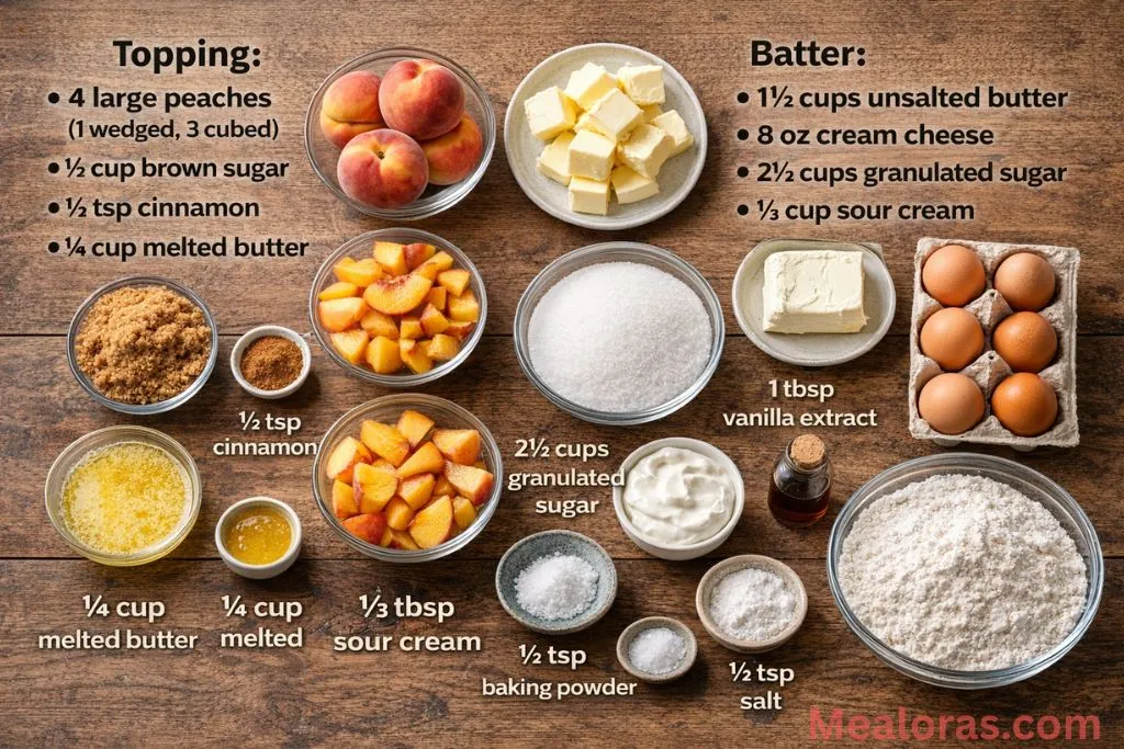 Bowls of fresh peaches, cake flour, cream cheese, butter, and spices