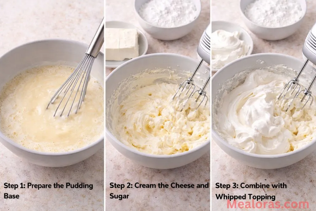 Mixing coconut pudding with milk and blending cream cheese with sugar