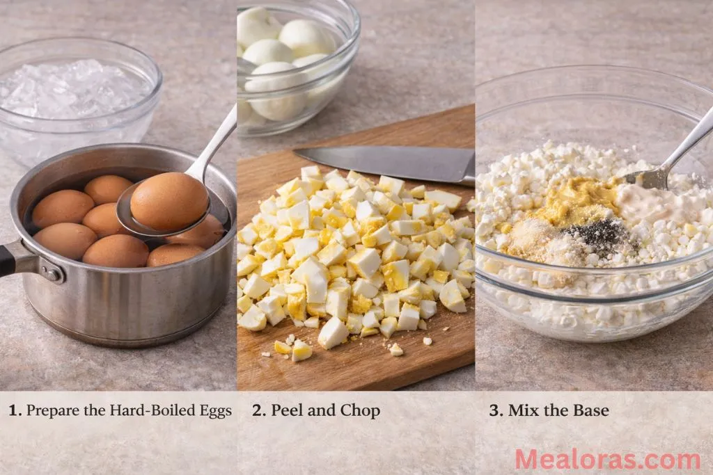 Collage showing hard-boiled eggs in a pot, being peeled, and cottage cheese being mixed with spices.