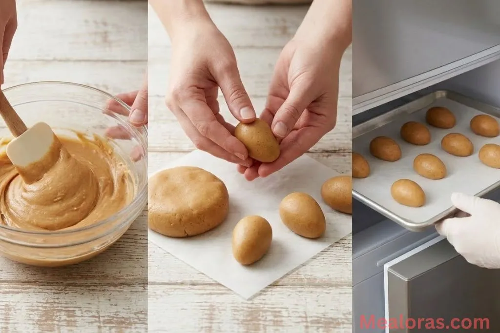 Mixing bowl with peanut butter dough, hand-shaping dough into ovals, and eggs chilling on parchment