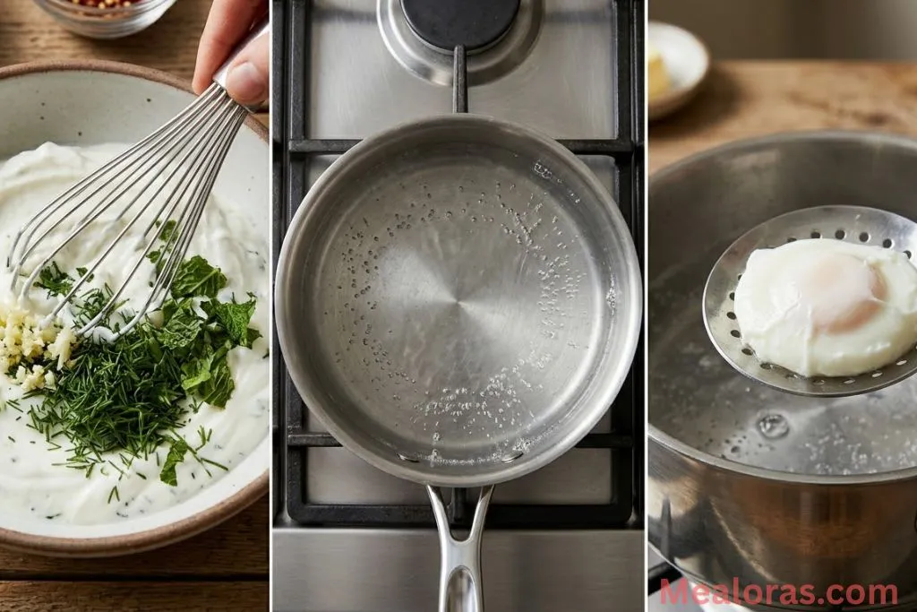 Steps showing yogurt mixing, simmering water, and a poached egg in a slotted spoon