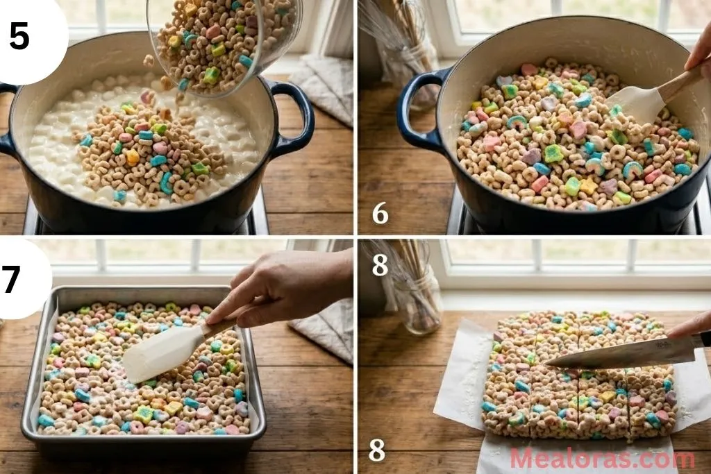 A collage showing the mixture being pressed into a pan and sliced into squares