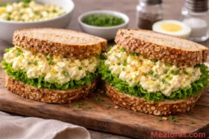 stacked protein-packed egg salad sandwich on toasted whole grain bread with fresh greens