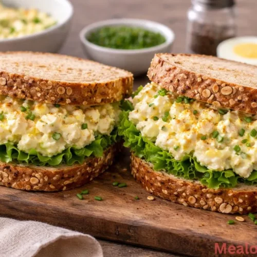 stacked protein-packed egg salad sandwich on toasted whole grain bread with fresh greens