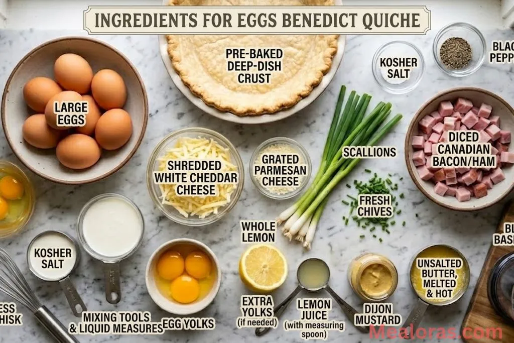 Ingredients for quiche including eggs, ham, cheese, and green onions