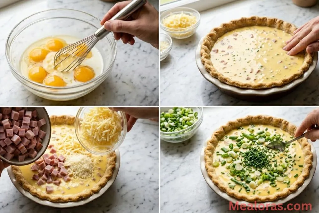 Steps for mixing egg custard and adding ham and cheese to pie crust
