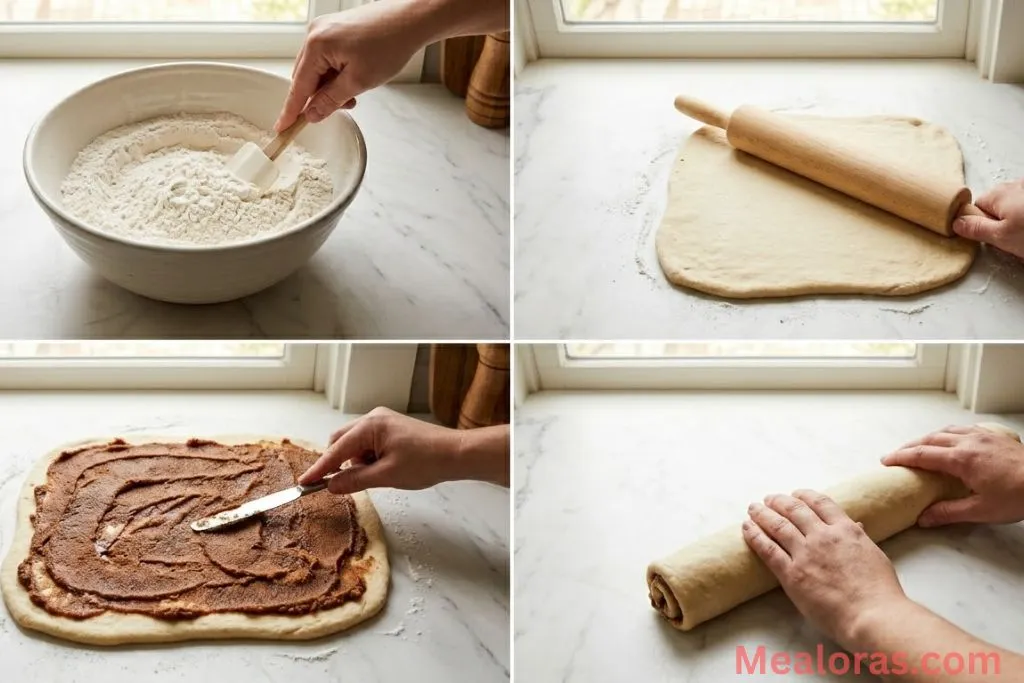 Grid showing dough mixing, rolling, spreading cinnamon filling, and rolling the log