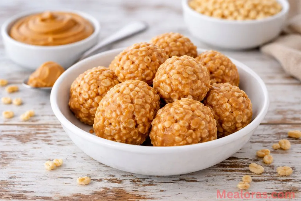 A bowl of golden rice crispy peanut butter balls