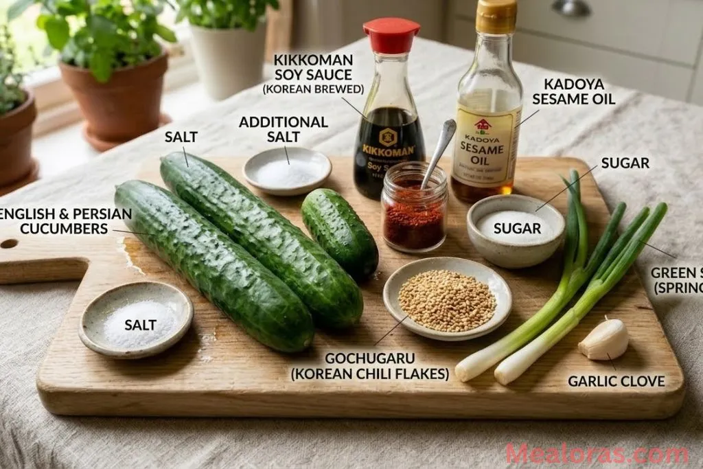 cucumbers, rice vinegar, soy sauce, and Korean chili flakes on a counter
