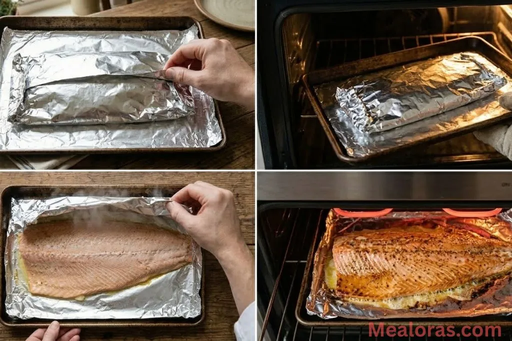 Closing the foil packet, baking the salmon, and broiling for a golden finish
