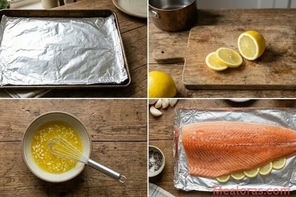 Step-by-step process of preparing the baking sheet, slicing lemons, and whisking garlic butter sauce