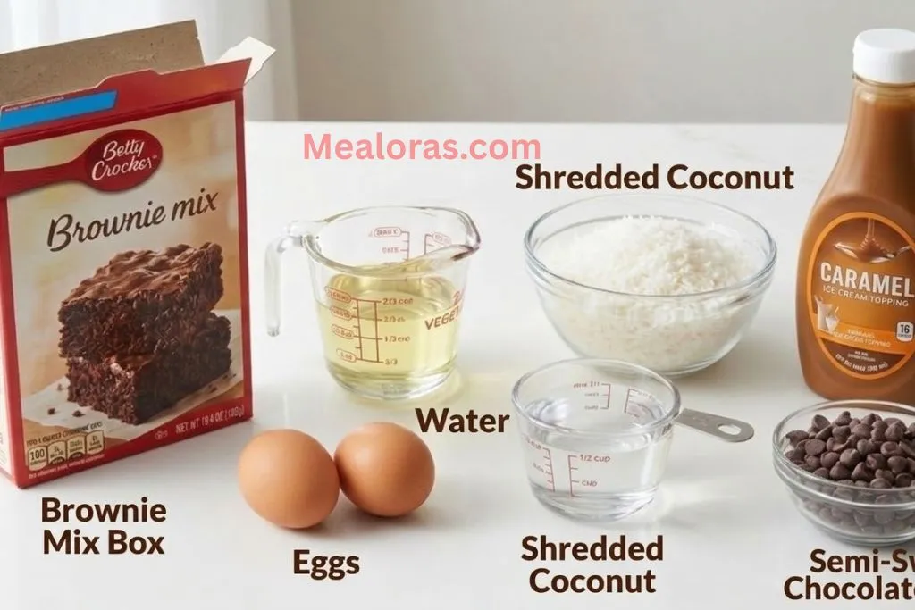 brownie mix, coconut, caramel, eggs, and chocolate chips on a white counter