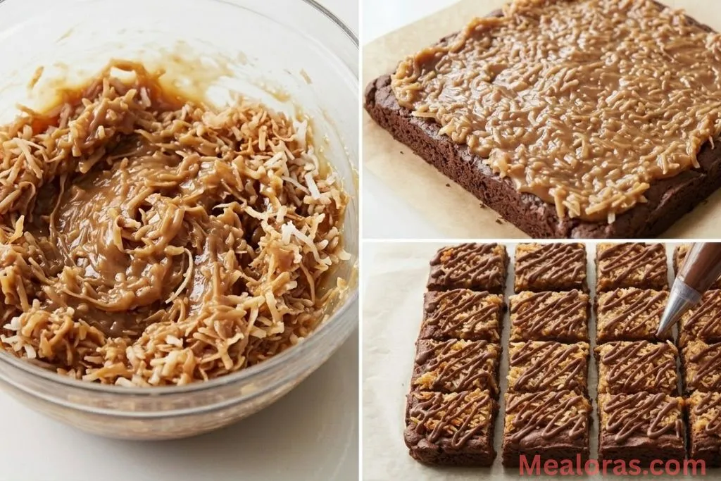 Collage of caramel coconut spreading, chocolate drizzling, and brownies chilling