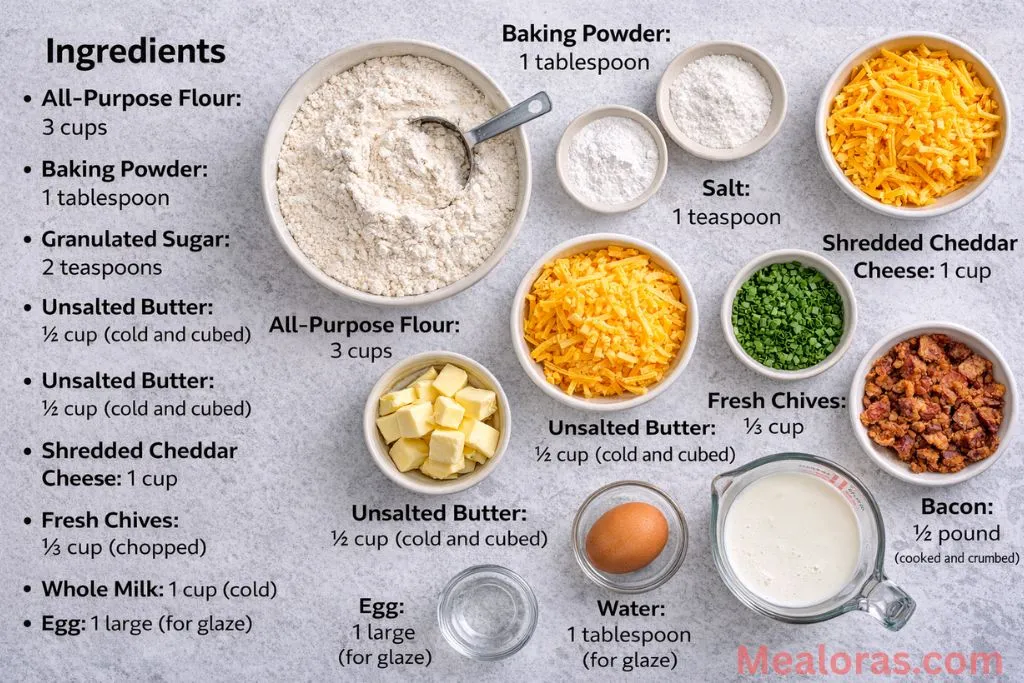 Flour, cold butter, bacon, cheddar, and chives in bowls