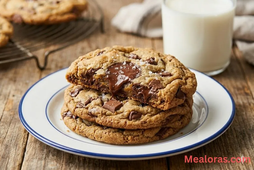 A warm chocolate chip cookie leaning against a glass of cold milk on a wire rack