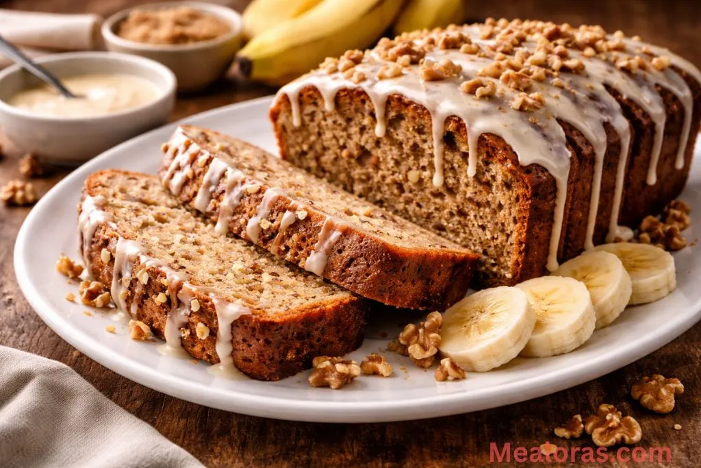 A thick slice of glazed banana bread served on a white plate with a fork
