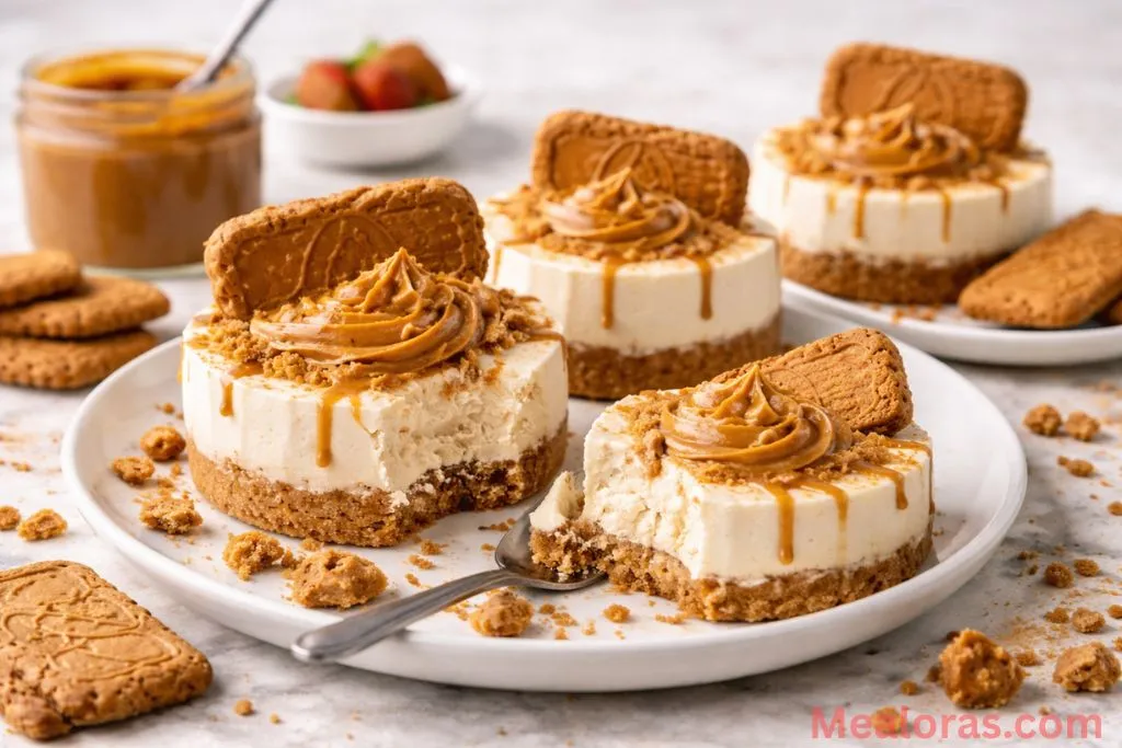 A single mini Biscoff cheesecake on a white plate with a bitten corner.