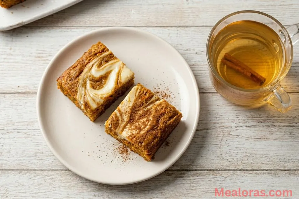A beautiful arrangement of carrot cake bars served with a warm cup of herbal tea