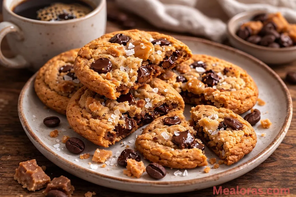 A stack of finished cookies served on a wire rack next to a cup of coffee
